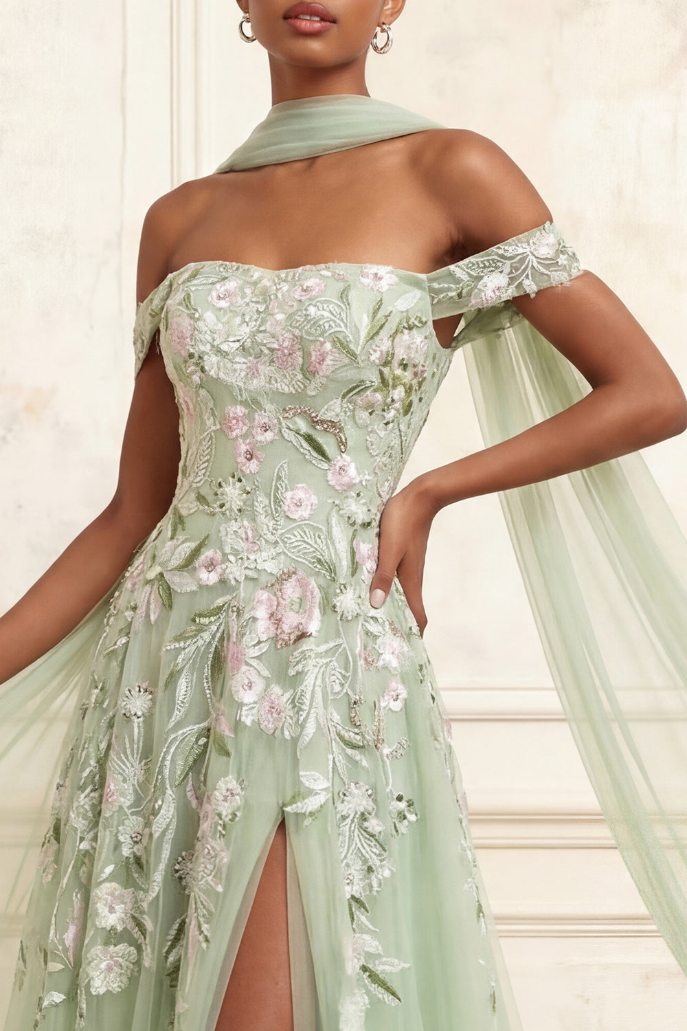 Dusty Sage Tulle Floral Neck Scarf A Line Long Prom Dress with Slit