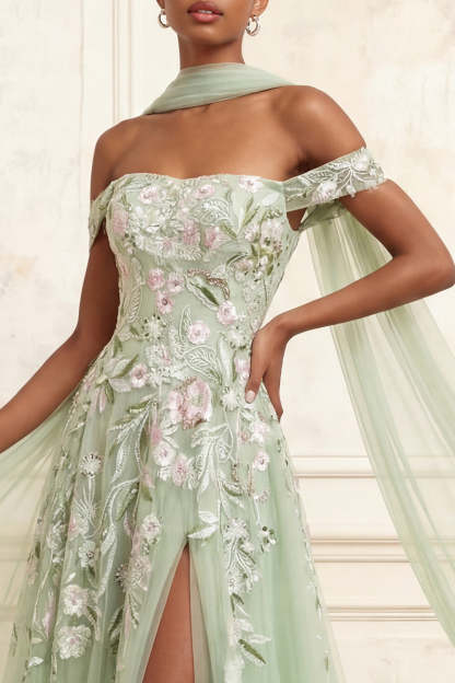 Dusty Sage Tulle Floral Neck Scarf A Line Long Prom Dress with Slit