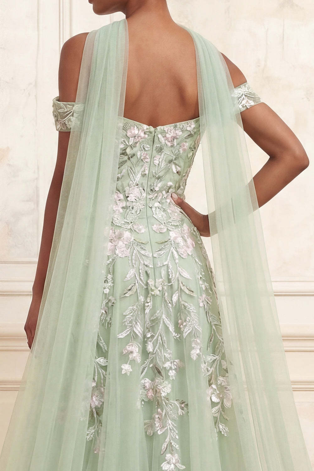 Dusty Sage Tulle Floral Neck Scarf A Line Long Prom Dress with Slit