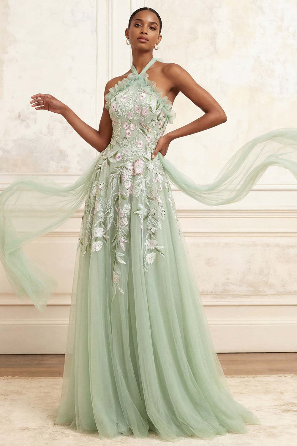 Leely Women Dusty Sage Floral Tulle Long Prom Dress A Line Embroidered Halter Ruffled Wedding Guest Dress