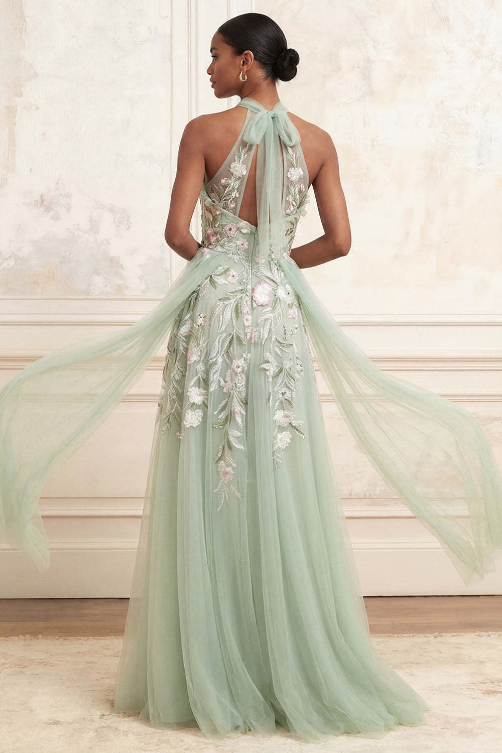 Dusty Sage Tulle Floral Halter A Line Embroidered Long Prom Dress