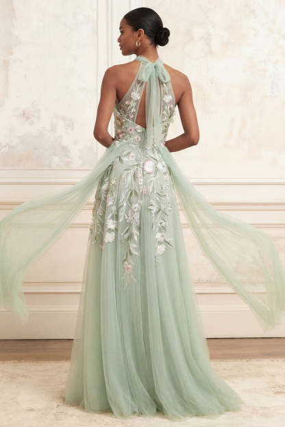 Dusty Sage Tulle Floral Halter A Line Embroidered Long Prom Dress