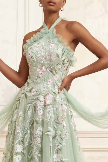 Dusty Sage Tulle Floral Halter A Line Embroidered Long Prom Dress