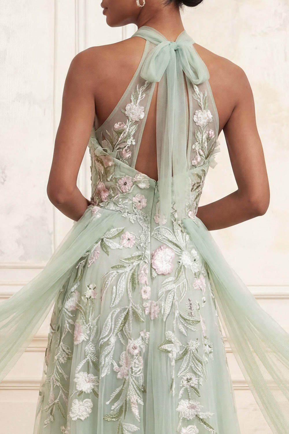 Dusty Sage Tulle Floral Halter A Line Embroidered Long Prom Dress