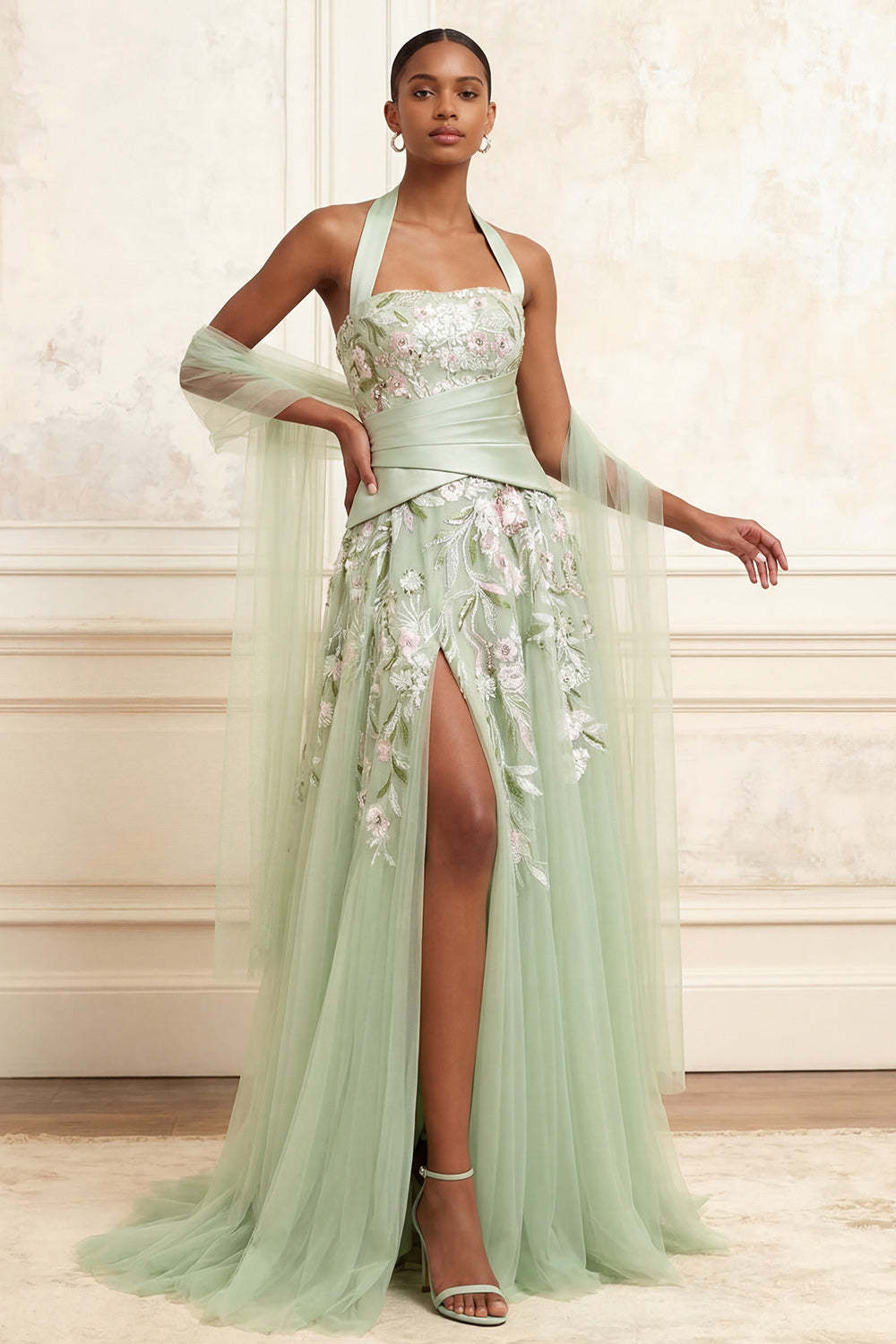 Leely Women Dusty Sage Floral Tulle Long Prom Dress with Slit A Line Embroidered Halter Backless Garden Party Dress