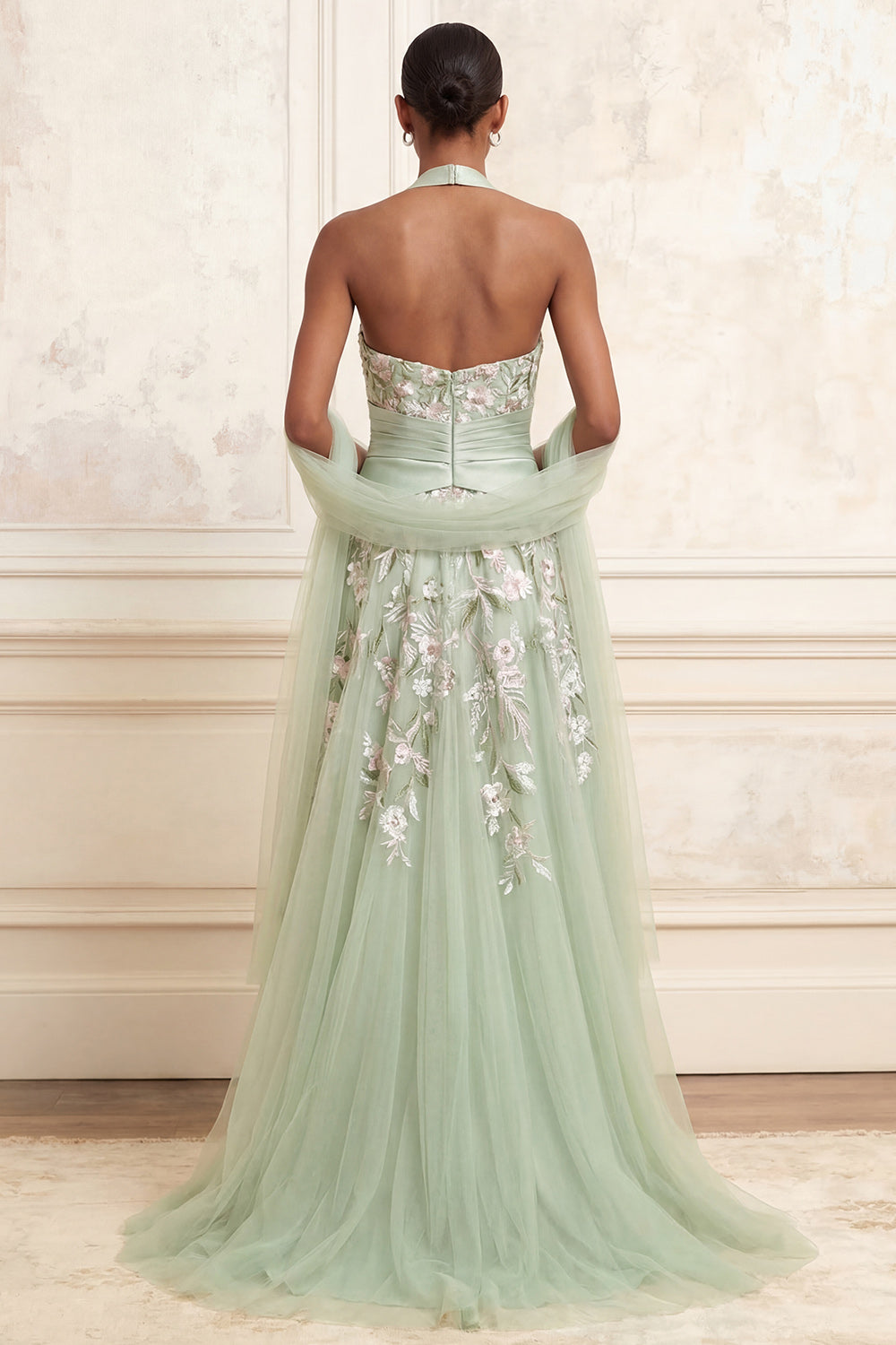 Floral Dusty Sage Tulle Embroidered A Line Long Prom Dress with Slit