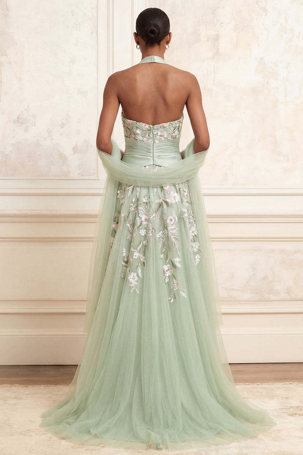 Floral Dusty Sage Tulle Embroidered A Line Long Prom Dress with Slit