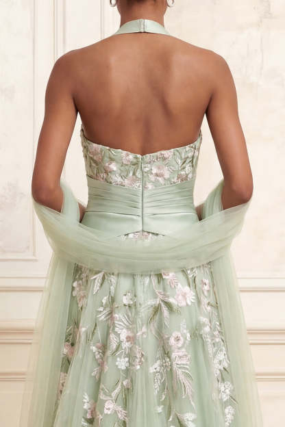 Floral Dusty Sage Tulle Embroidered A Line Long Prom Dress with Slit