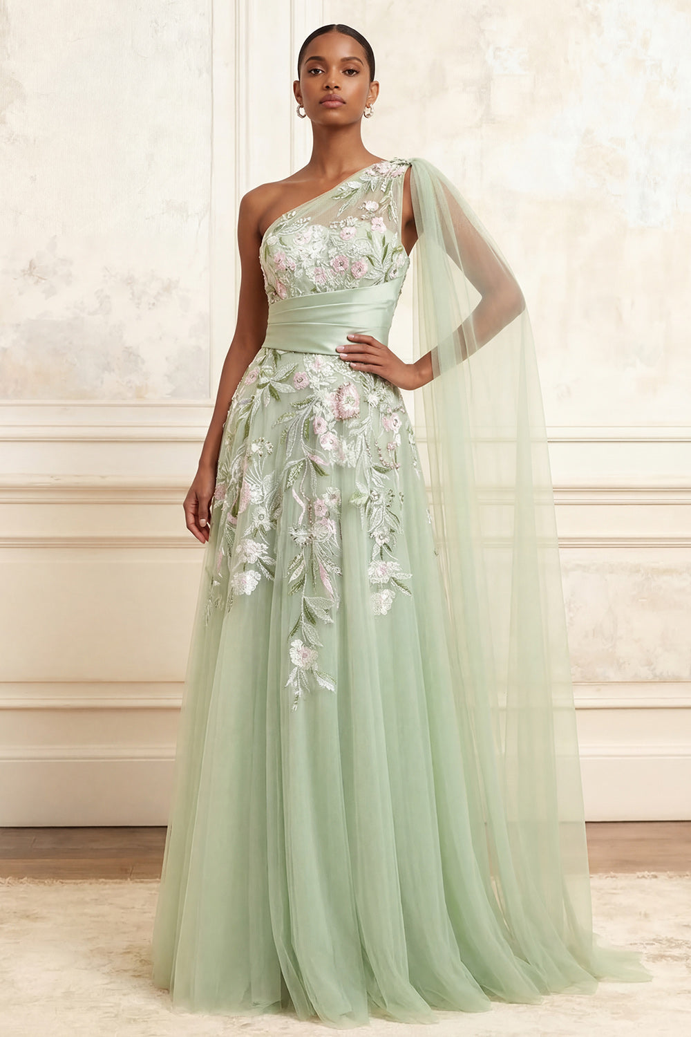 Leely Women Dusty Sage Floral Tulle Long Prom Dress with Side Cape A Line Embroidered One Shoulder Garden Party Dress