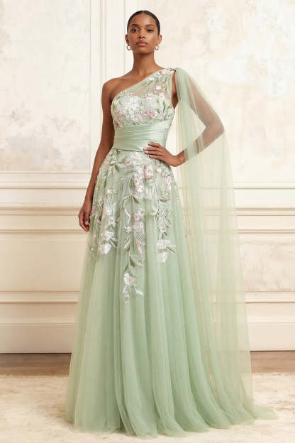 Leely Women Dusty Sage Floral Tulle Long Prom Dress with Side Cape A Line Embroidered One Shoulder Garden Party Dress