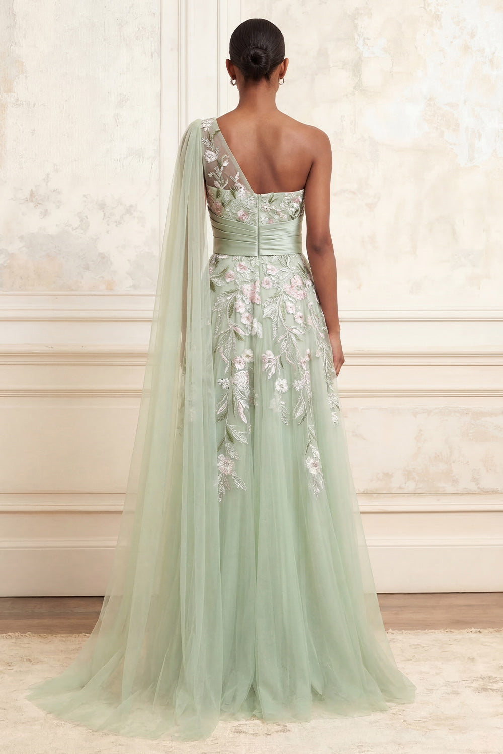 Floral Dusty Sage Tulle One Shoulder A Line Long Prom Dress with Side Cape