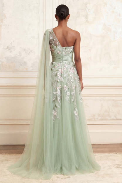 Floral Dusty Sage Tulle One Shoulder A Line Long Prom Dress with Side Cape