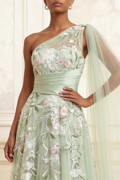 Floral Dusty Sage Tulle One Shoulder A Line Long Prom Dress with Side Cape