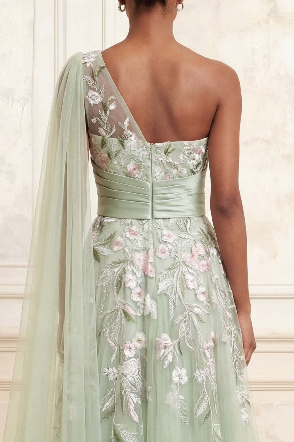 Floral Dusty Sage Tulle One Shoulder A Line Long Prom Dress with Side Cape