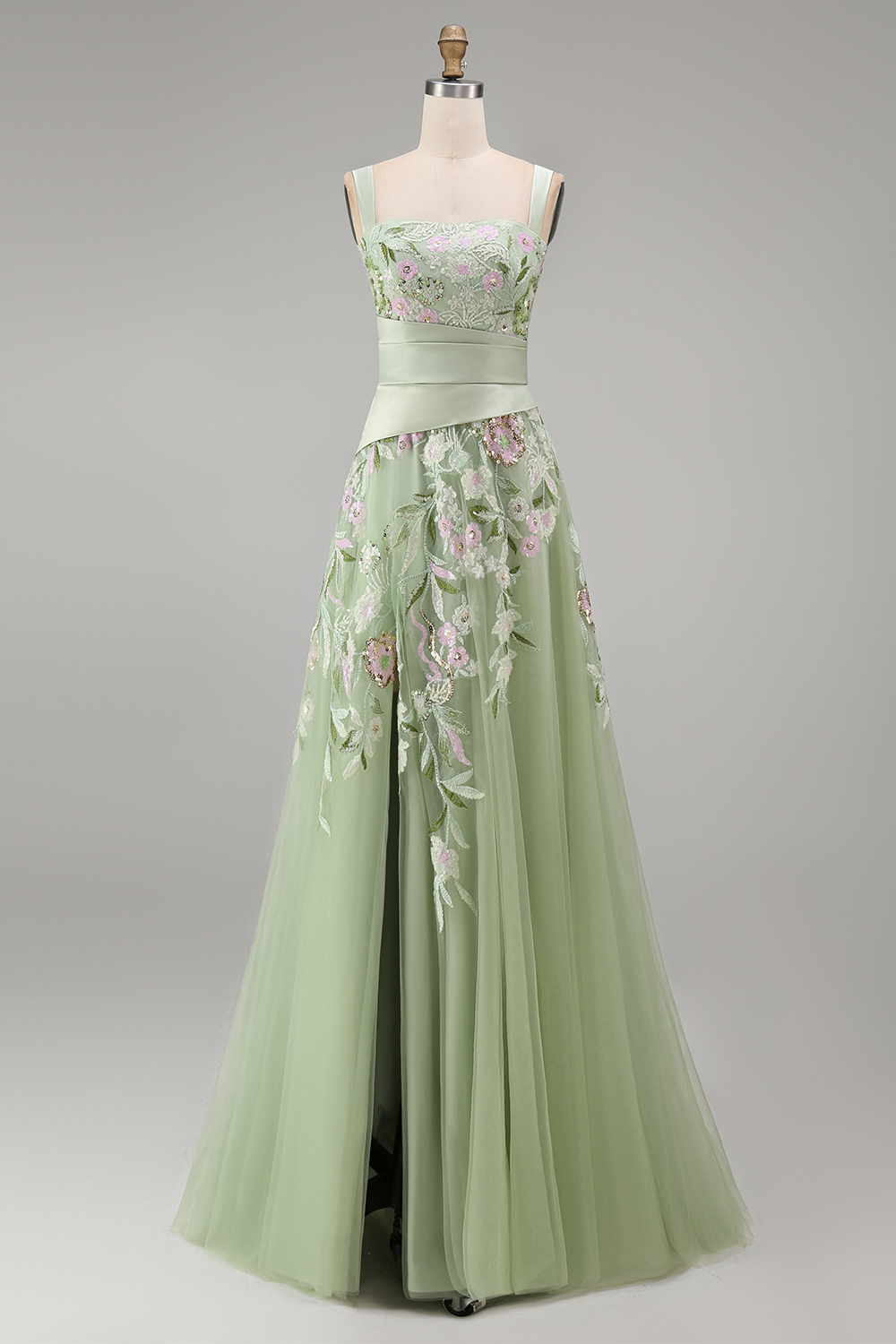 Floral Dusty Sage Tulle Empire Waist A Line Long Prom Dress with Slit