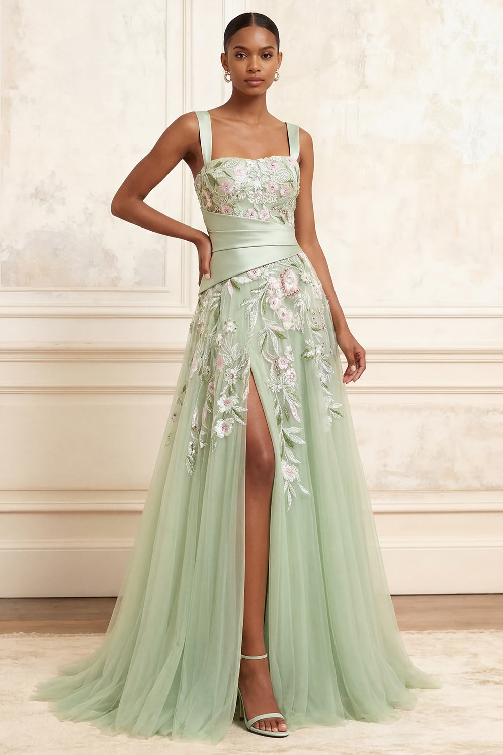 Floral Dusty Sage Tulle Empire Waist A Line Long Prom Dress with Slit