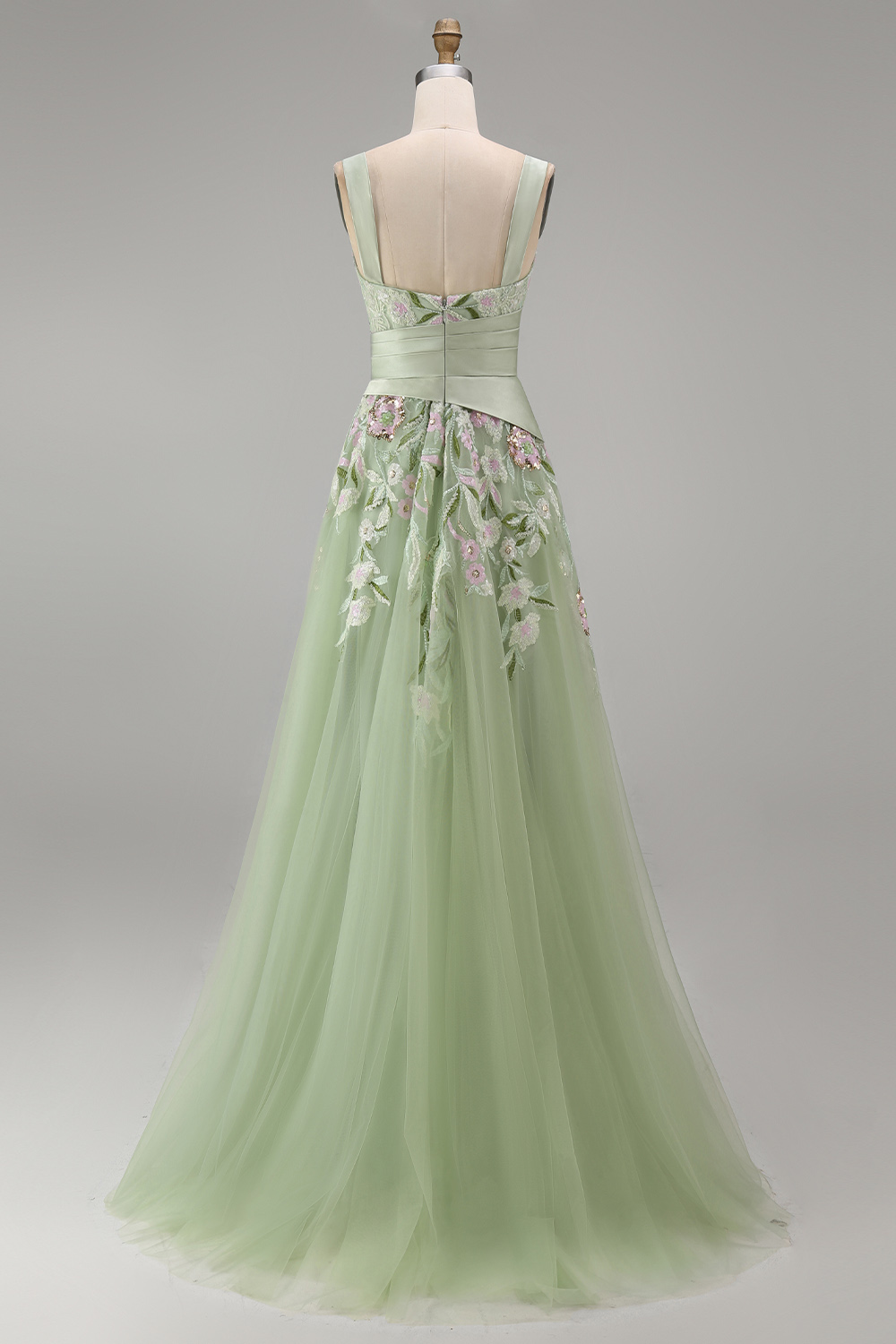 Floral Dusty Sage Tulle Empire Waist A Line Long Prom Dress with Slit