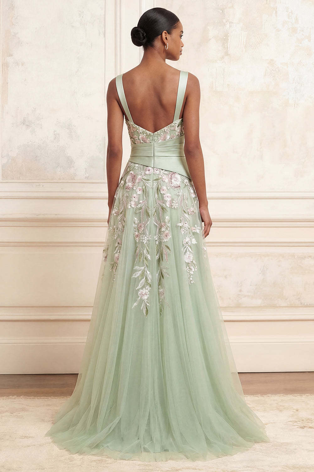 Floral Dusty Sage Tulle Empire Waist A Line Long Prom Dress with Slit