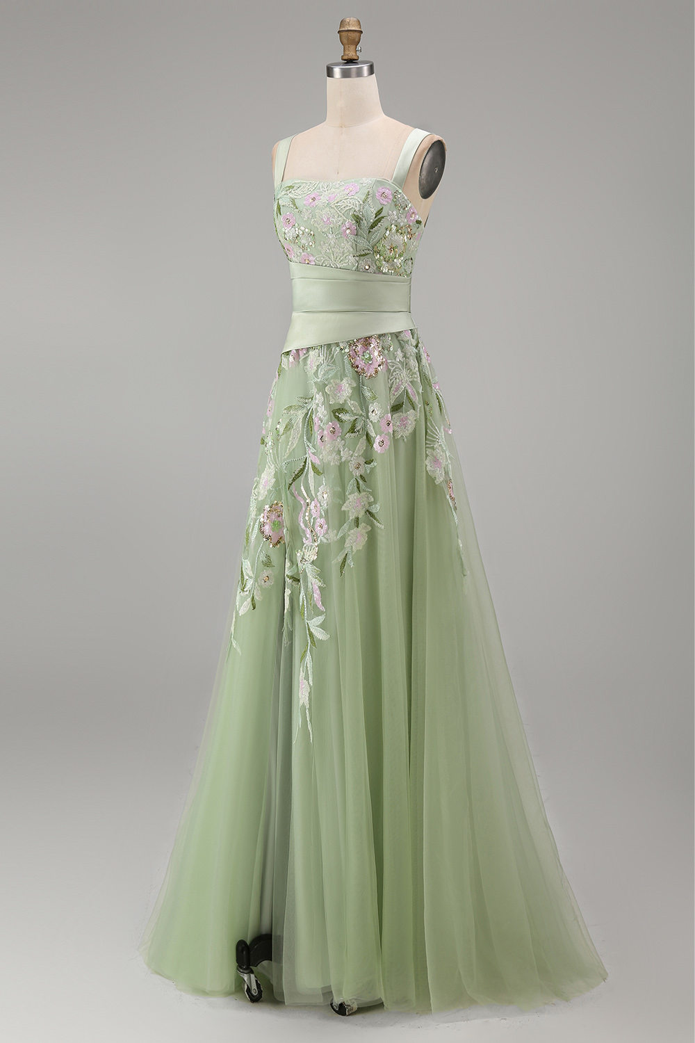 Floral Dusty Sage Tulle Empire Waist A Line Long Prom Dress with Slit
