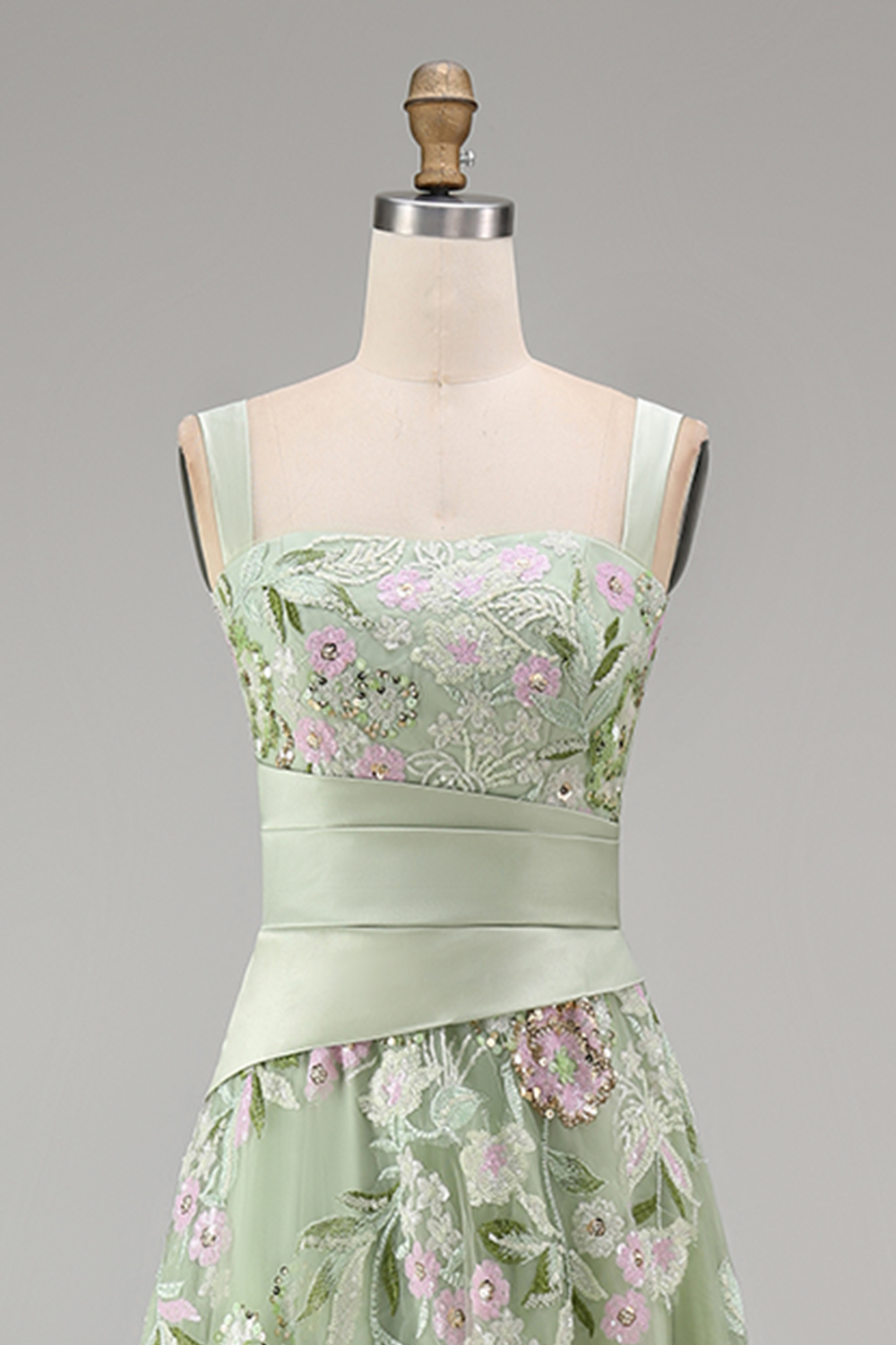 Floral Dusty Sage Tulle Empire Waist A Line Long Prom Dress with Slit