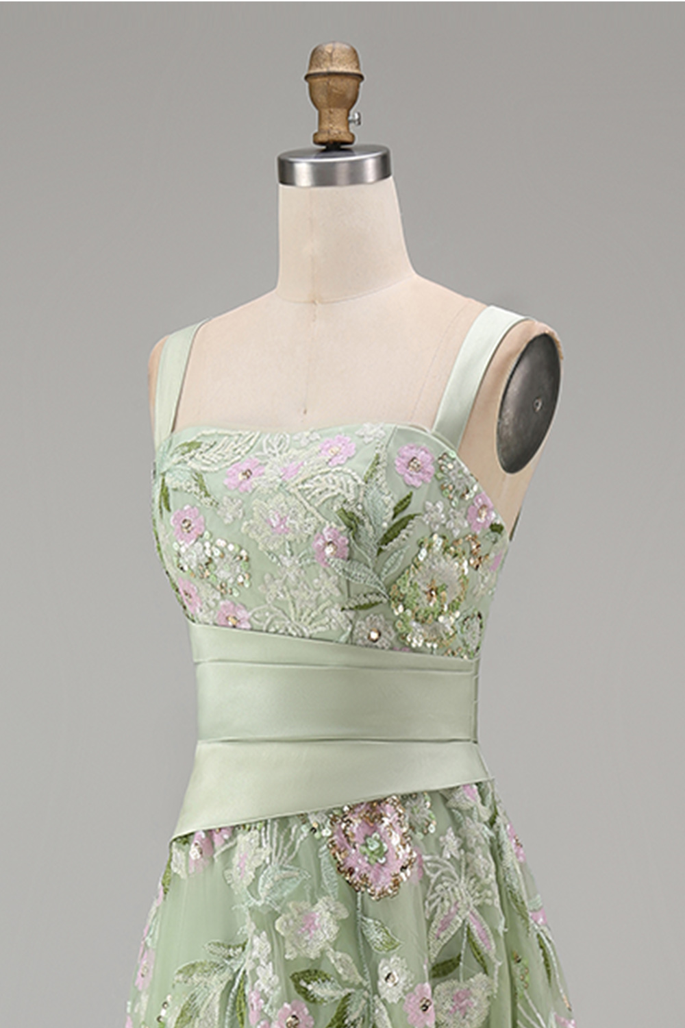 Floral Dusty Sage Tulle Empire Waist A Line Long Prom Dress with Slit