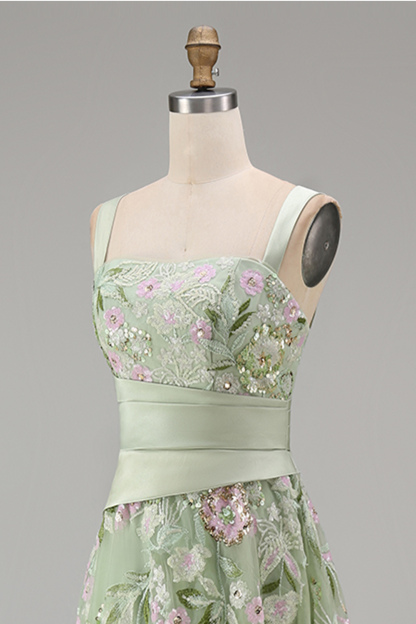 Floral Dusty Sage Tulle Empire Waist A Line Long Prom Dress with Slit