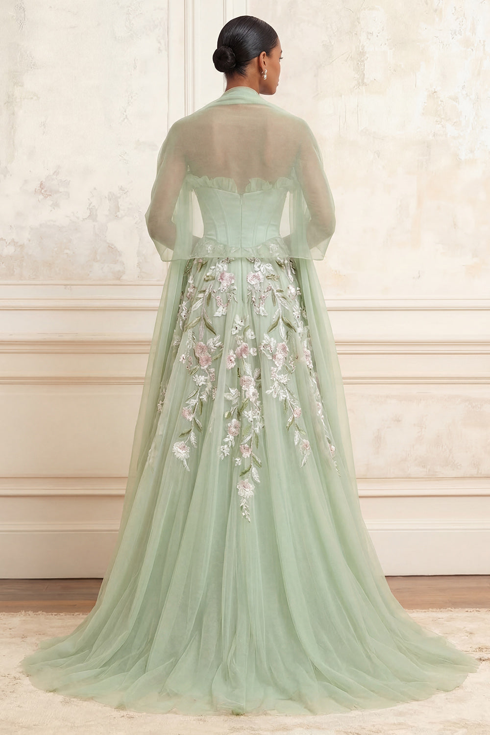 Floral Dusty Sage Tulle Corset Embroidered A Line Long Prom Dress with Shawl