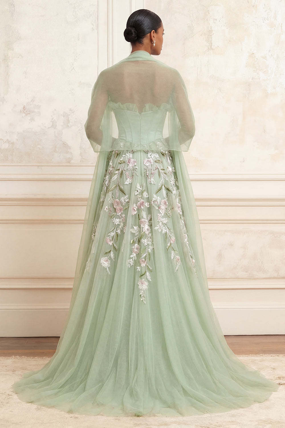 Floral Dusty Sage Tulle Corset Embroidered A Line Long Prom Dress with Shawl