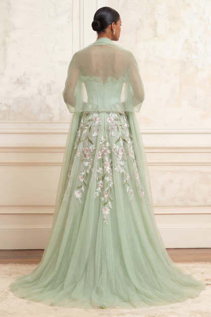 Floral Dusty Sage Tulle Corset Embroidered A Line Long Prom Dress with Shawl