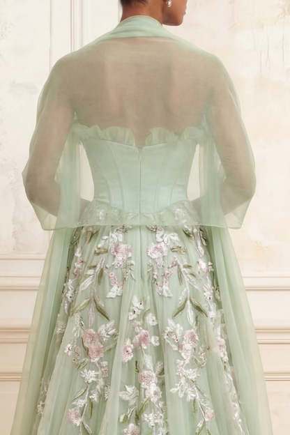 Floral Dusty Sage Tulle Corset Embroidered A Line Long Prom Dress with Shawl