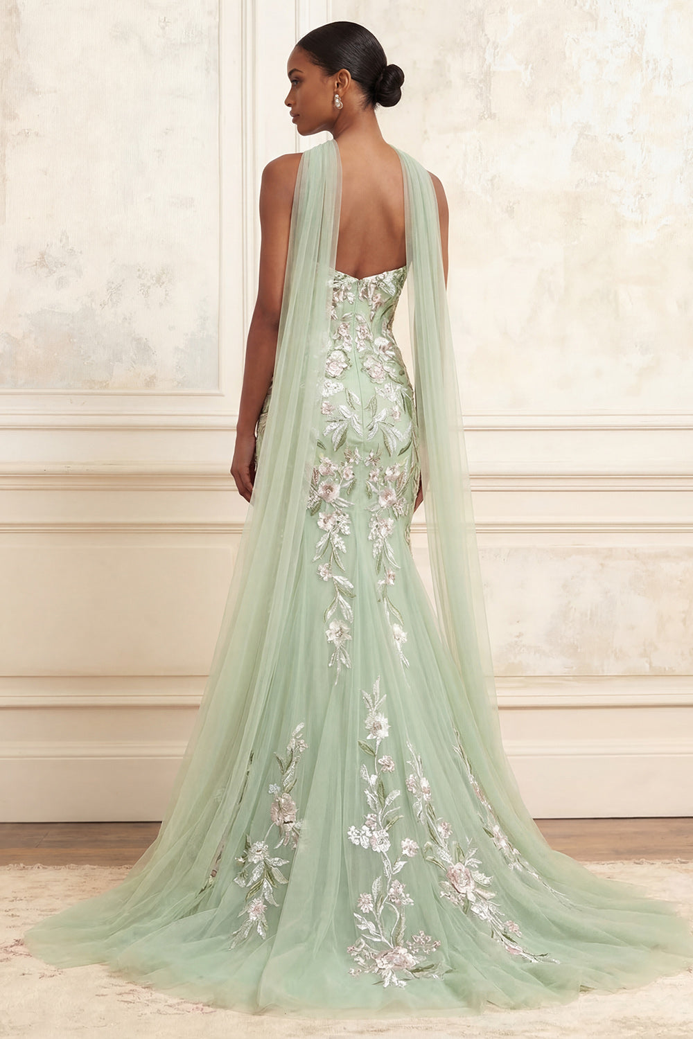 Floral Dusty Sage Tulle Embroidered Mermaid Long Prom Dress with Neck Scarf