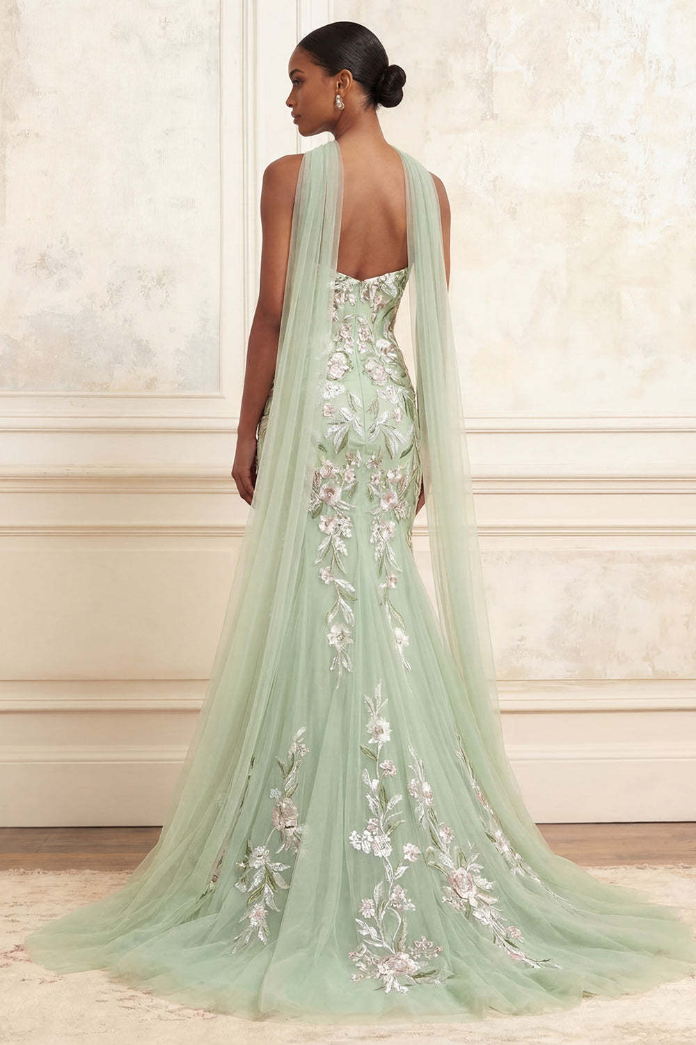 Floral Dusty Sage Tulle Embroidered Mermaid Long Prom Dress with Neck Scarf