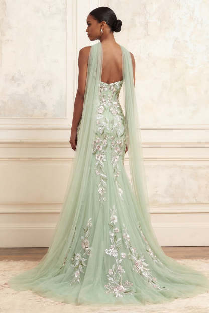 Floral Dusty Sage Tulle Embroidered Mermaid Long Prom Dress with Neck Scarf