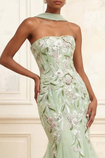 Floral Dusty Sage Tulle Embroidered Mermaid Long Prom Dress with Neck Scarf