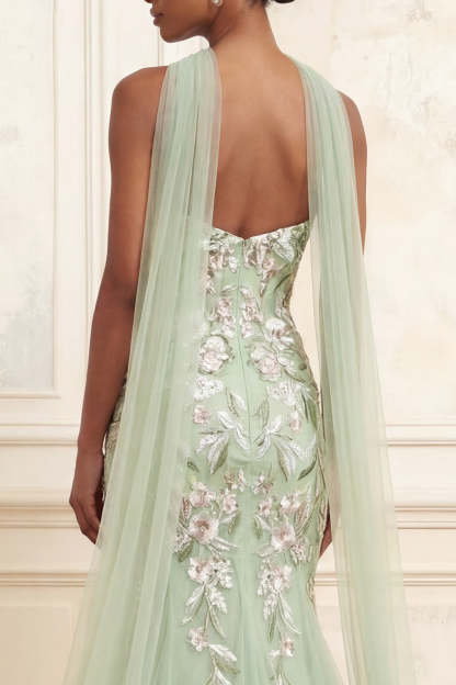 Floral Dusty Sage Tulle Embroidered Mermaid Long Prom Dress with Neck Scarf