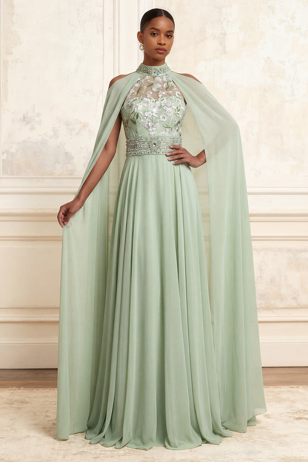 Leely Women Dusty Sage Floral Long Prom Dress with Side Cape Embroidered Chiffon Halter Empire Waist Wedding Guest Dress