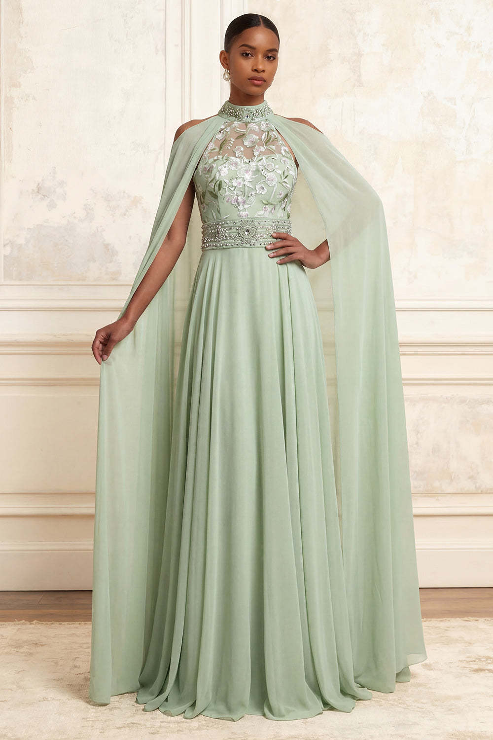 Leely Women Dusty Sage Floral Long Prom Dress with Side Cape Embroidered Chiffon Halter Empire Waist Wedding Guest Dress