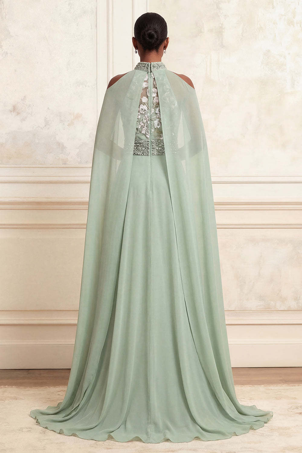 Floral Dusty Sage A Line Chiffon Long Prom Dress with Side Cape