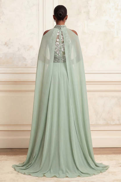 Floral Dusty Sage A Line Chiffon Long Prom Dress with Side Cape