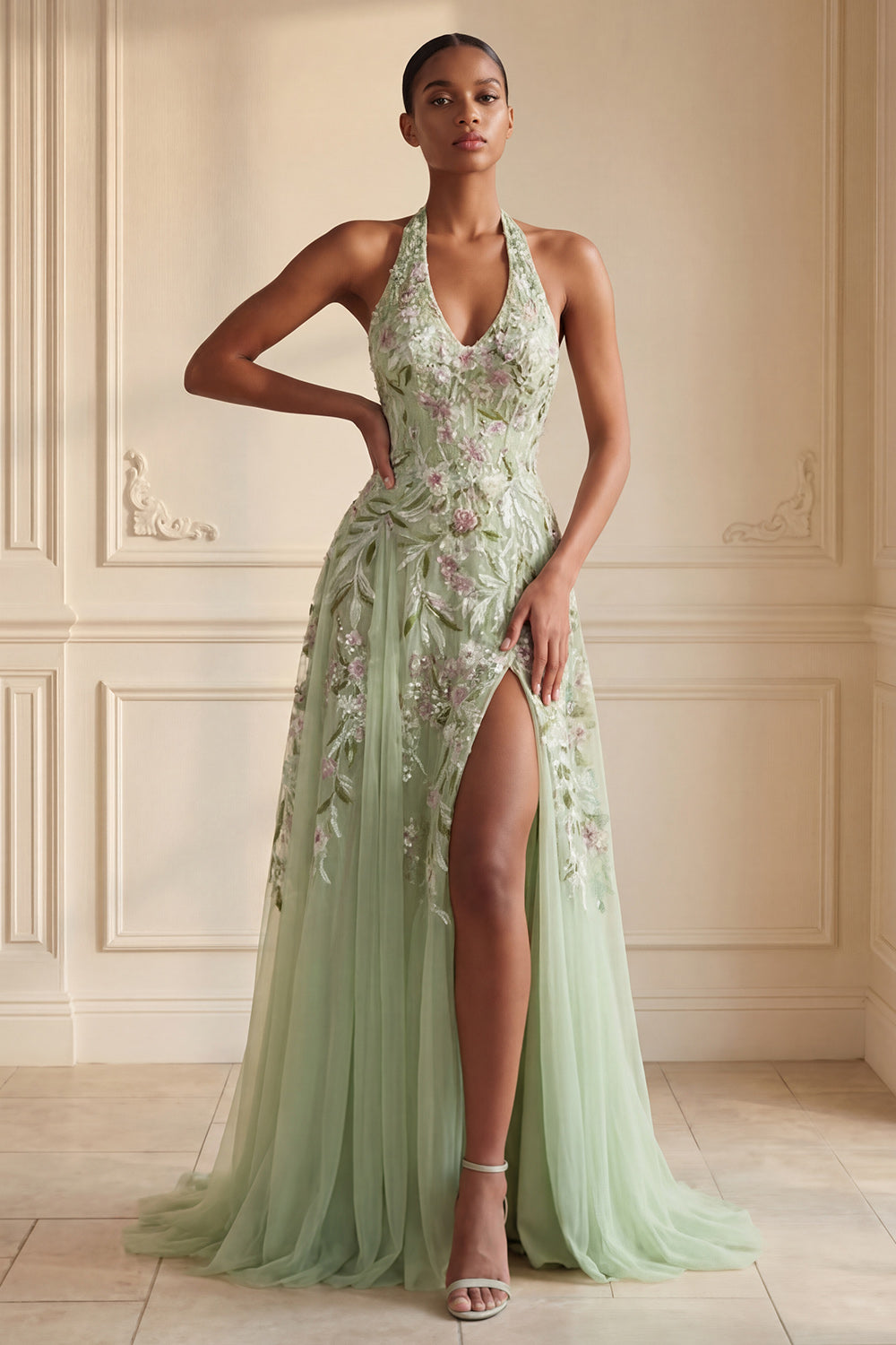 Floral Dusty Sage Halter Neck Appliqued Long Prom Dress with Slit