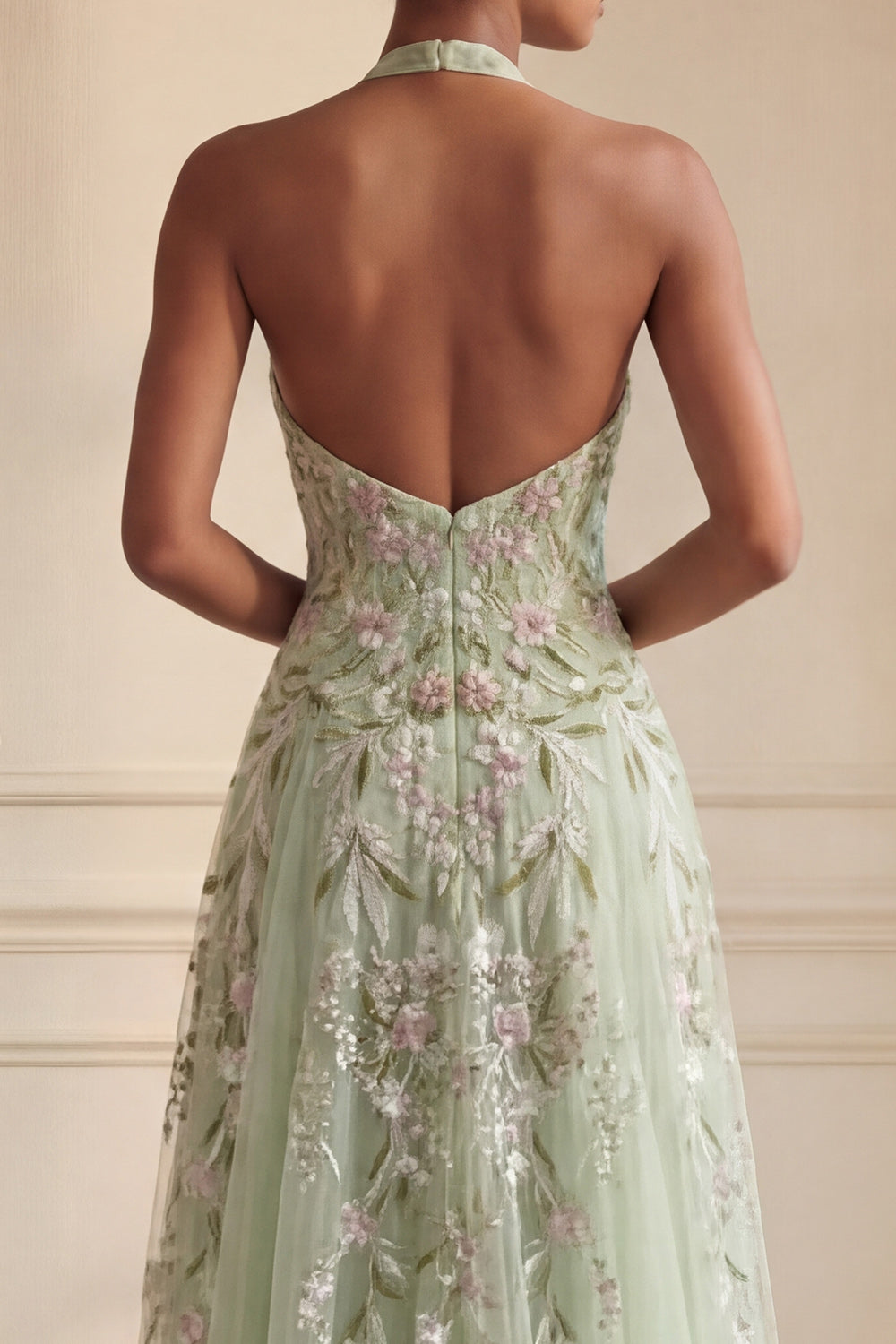 Floral Dusty Sage Halter Neck Appliqued Long Prom Dress with Slit