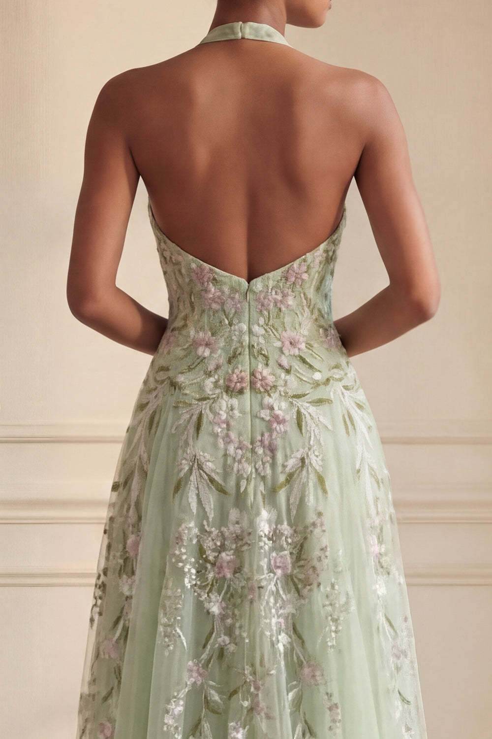 Floral Dusty Sage Halter Neck Appliqued Long Prom Dress with Slit
