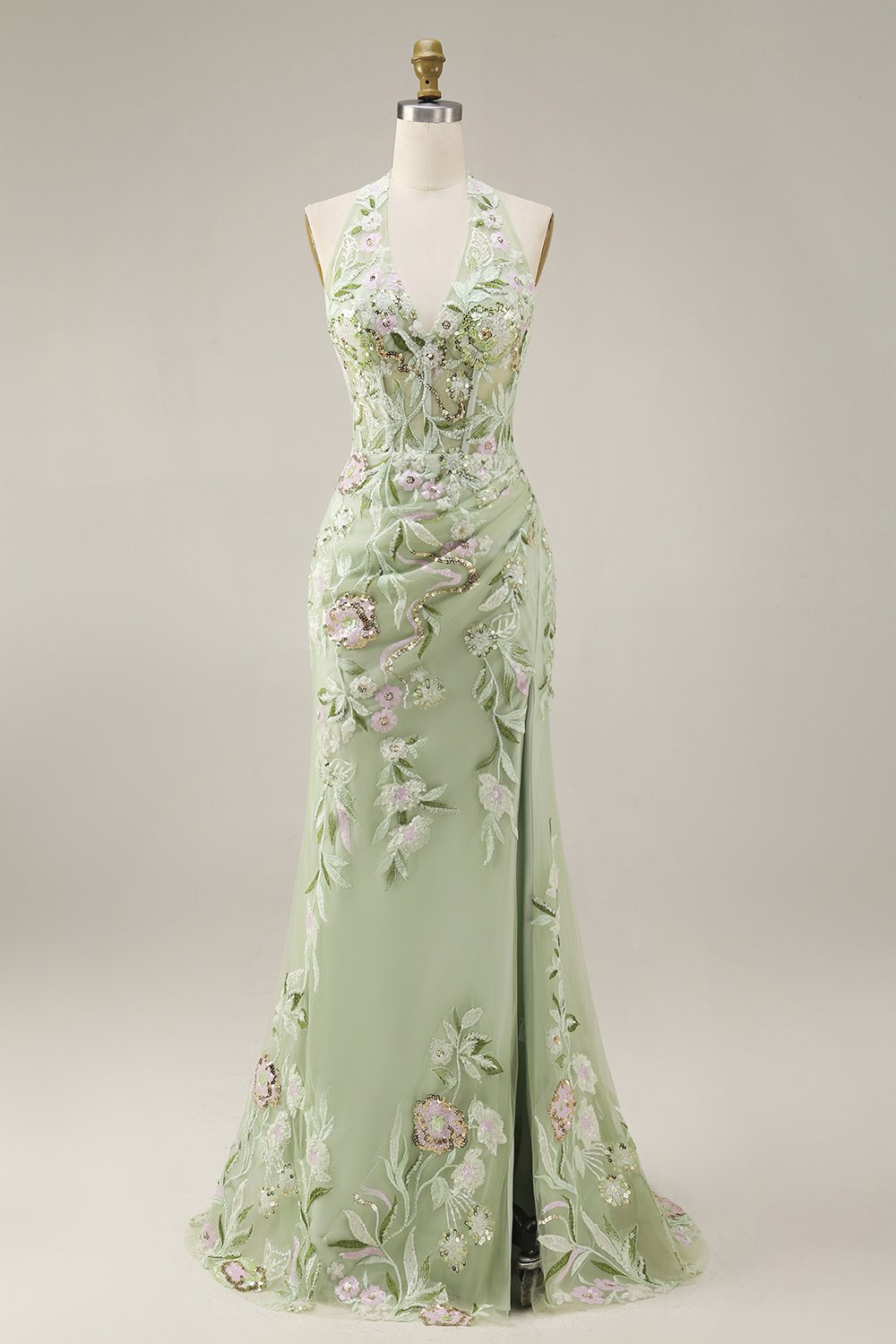 Sheath Floral Dusty Sage Halter Neck Ruched Long Prom Dress with Slit