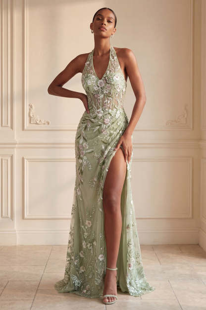 Leely Women Sheath Floral Dusty Sage Halter Neck Long Prom Dress with Slit Ruched Appliqued Backless Wedding Guest Dress