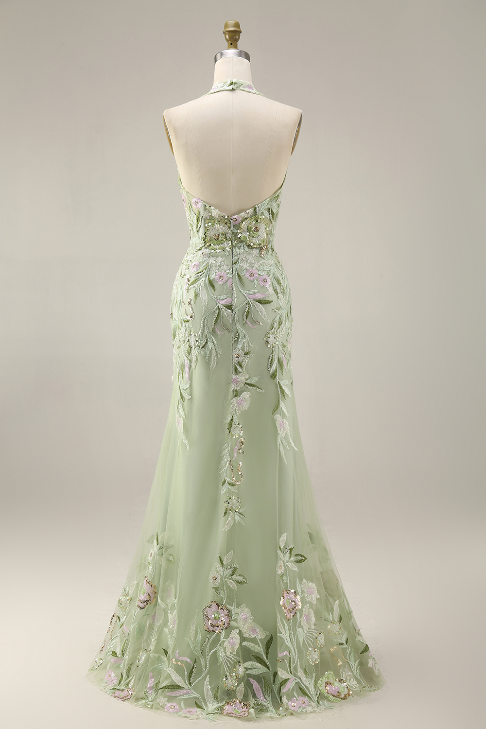 Sheath Floral Dusty Sage Halter Neck Ruched Long Prom Dress with Slit