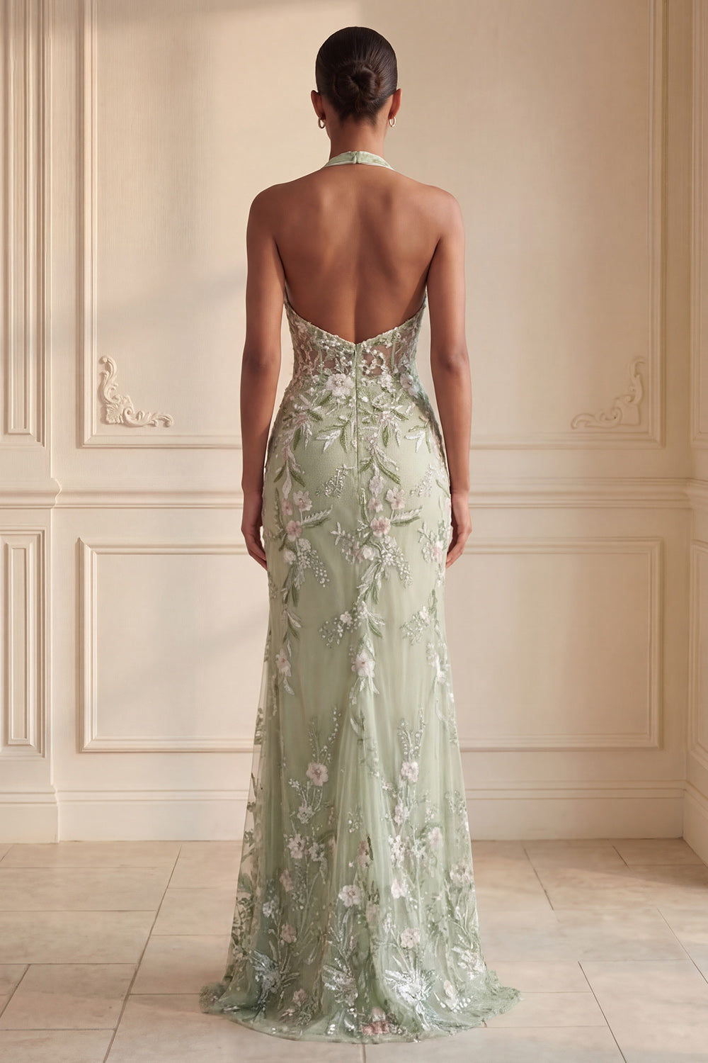 Sheath Floral Dusty Sage Halter Neck Ruched Long Prom Dress with Slit