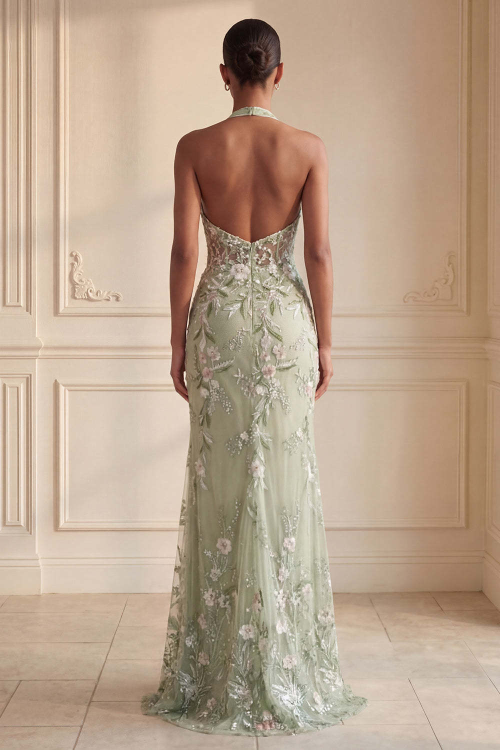 Sheath Floral Dusty Sage Halter Neck Ruched Long Prom Dress with Slit