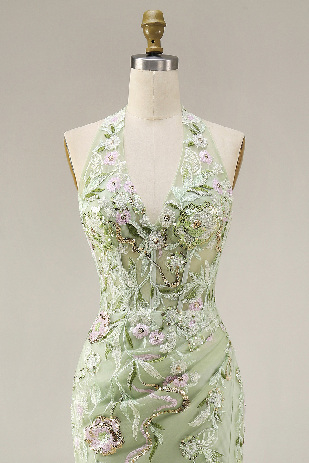 Sheath Floral Dusty Sage Halter Neck Ruched Long Prom Dress with Slit