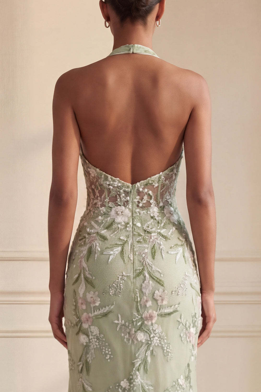 Sheath Floral Dusty Sage Halter Neck Ruched Long Prom Dress with Slit