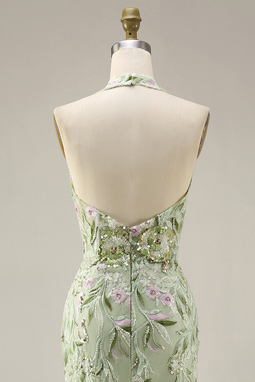 Sheath Floral Dusty Sage Halter Neck Ruched Long Prom Dress with Slit